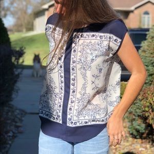 Kenar Capped Sleeve Blue Floral/Patterned Top